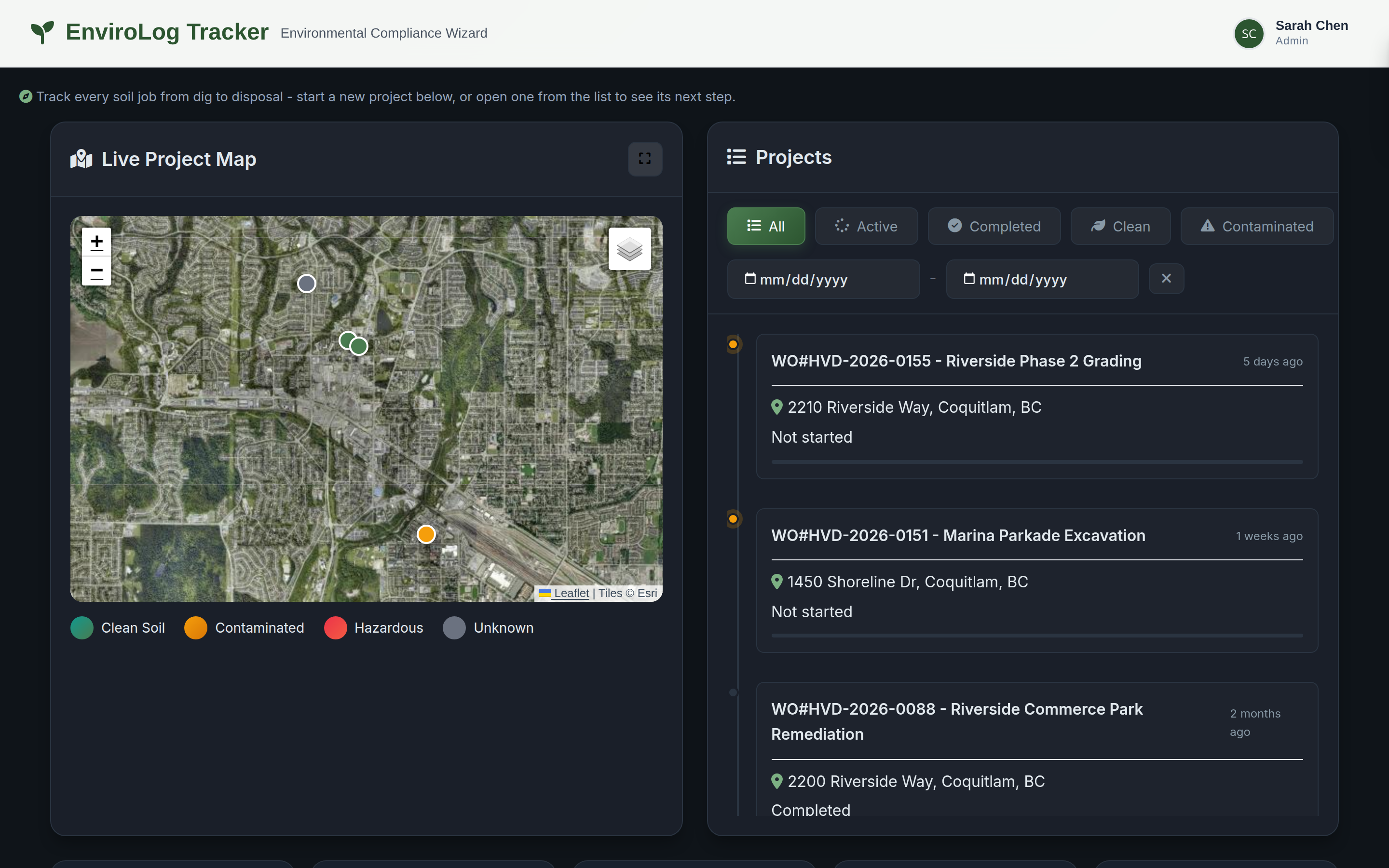 EnviroLog dashboard showing a live project map, project list and compliance tiles